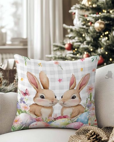 JasmineM Easter Cute Bunny Pillow Covers 18x18 inch Set of 2, Colored Egg Grey Plaid Decorations Outdoor Throw Pillow Covers, Cotton Linen Square Pillowcases for Sofa Couch Bedroom Patio Decorative - Image 3
