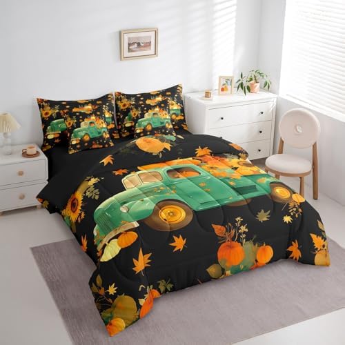 Erosebridal Thanksgiving Harvest King Comforter Set 7 Piece,Fall Pumpkin Truck Bedding Set with Sheets Farmhouse Maple Leaf Sunflower Bed in A Bag for Kids Adults Rustic Autumn Bed Set - Image 3