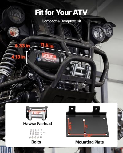 VEVOR 3000 lbs Electric Winch, 12V DC ATV/UTV Winch with Φ3/16 in x 39.4 ft Steel Wire Rope & Wired Remote Control, IP55 Waterproof, Aluminum Housing Fairlead Mount Plate for Towing ATV, Black - Image 5