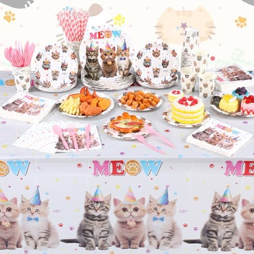 Funnymoom 452 Pcs Cat Birthday Party Decorations for 50 Guests, Cat Paper Plates Napkins Cups Tablecloth Cutlery Straws Disposable Tableware Set for Kitten Lover Birthday Party Supplies - Image 6