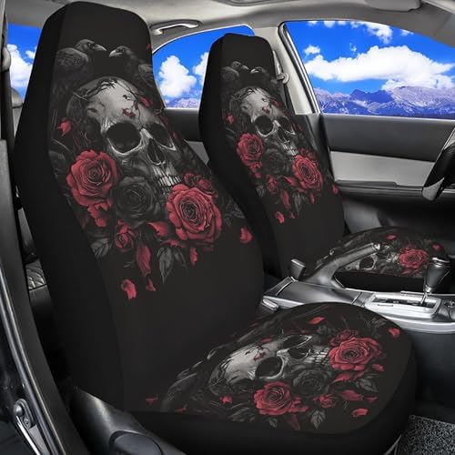 Skeleton Raven Floral Print Car Seat Covers,Halloween Front Seats Protector Decor Universal Fit for Most Cars,SUVs,Sedan,Truck or Van