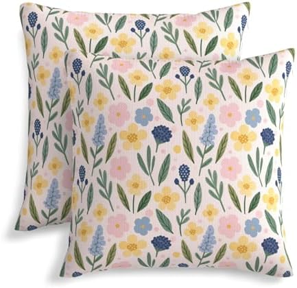 KiuLoam Spring Cute Watercolor Floral Pillow Covers 24x24 Inch Set of 2, Yellow Pink Blue Rustic Farmhouse Decorative Throw Pillows, Outdoor Square Cushion Cases for Sofa Couch Bed Home Decor by KiuLoam