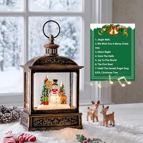 Christmas Snow Globe Lantern Water Glittering North Pole Snowman with Music & Timer, USB Lined/Battery Operated Lighted Lantern for Christmas Festival Decoration Gifts - Image 4