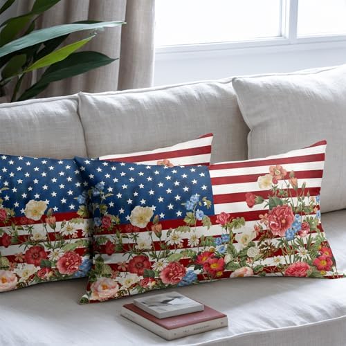 4th of July Pillow Covers 12x20 Set of 2, Patriotic Throw Pillow Covers Independence Memorial Day Pillowcase, Summer Floral Decorative Fourth of July Cushion Case Couch for Indoor Outdoor Home Decor - Image 7
