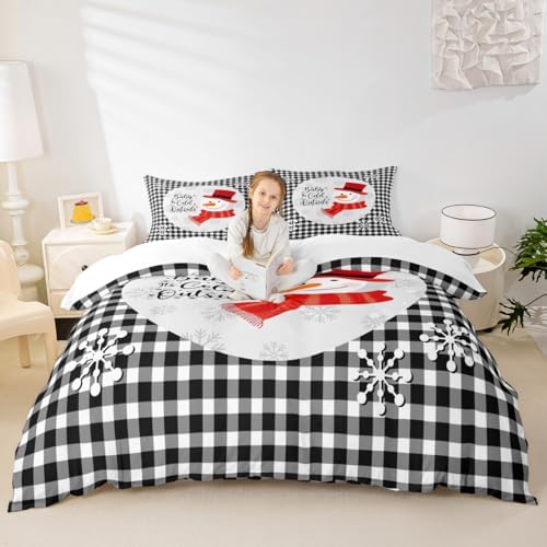 Cute Snowman Kids Duvet Cover Set Queen Size,Merry Christmas Snowflake Xmas Bedding Set,Girls Boys Adults Room Decor,Geometric Grids Plaids Chic Comforter Cover,Black White Quilt Cover,2 Pillowcases by Manfei