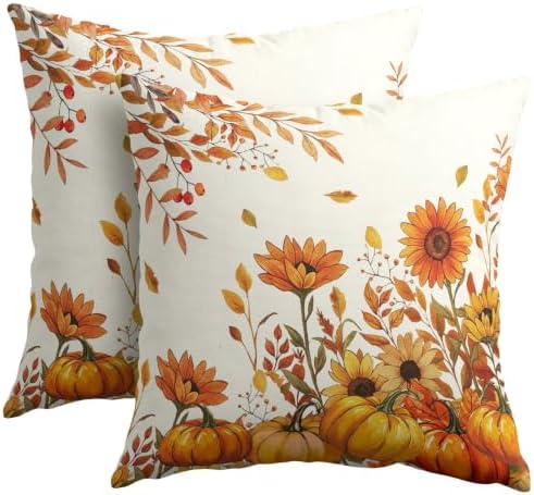 Fall Pumpkin Pillow Covers 22x22 Set of 2 Orange White Leaves Sunflower Outdoor Throw Pillows Covers Autumn Thanksgiving Harvest Decorative Farmhouse Cushion Case for Living Room Couch Sofa by Unknown