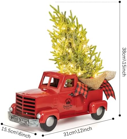 KI Store Red Truck Christmas Decor with Lights Timer 12-Inch Vintage Metal Truck with Christmas Tree for Xmas Decoration Table Centerpieces - Image 6
