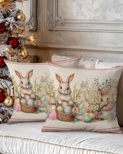 JasmineM Happy Easter Bunny Pillow Covers 16x16 inch Set of 2, Spring Florals Colorful Eggs Decorations Outdoor Throw Pillow Covers, Cotton Linen Square Pillowcases for Sofa Couch Bedroom Decorative - Image 2