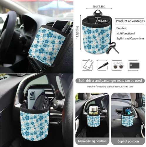 White Blue Cherry Blossom Pattern Car Seat Covers 15Pcs Full Set Car Steering Wheel Cover Seat Belt Cover Trash Bin Air Vent Storage Box Rear View Mirror Car Cup Holder Keychain