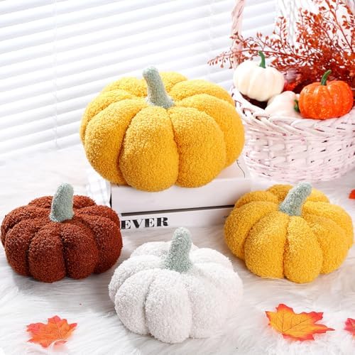 Kajaia 4 Pcs Pumpkin Pillow Fall Decor Thanksgiving, Retro Color - Image 5