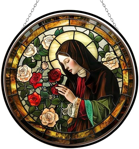 Saint Thérèse of Lisieux Suncatcher Stained Glass Window Hanging by Clare Donovan Handmade Stained Glass Suncatchers Metal Chain Garden Decor Gift for Women Christmas Thanksgiving by 365CUSGIFTS