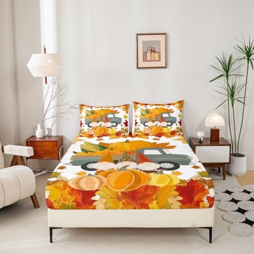 Fall Pumpkins Bed Sheet Set Cute Autumn Gnomes Bed Sheets Deep Pocket Thanksgiving Harvest Season Bedding Set Queen For Kids Teen Adults,Maple Leaves Soft Fitted Sheet + Flat Sheet + 2 Pillow Cases - Image 4