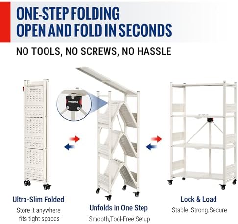 WORKPRO 4-Tier Folding Shelf, No-Assembly Metal Storage Rack with Wheels, 600 lbs Capacity (with Leveling Feet), Collapsible Shelving Unit for Kitchen, Pantry, Closet & Craft Shows - White - Image 5