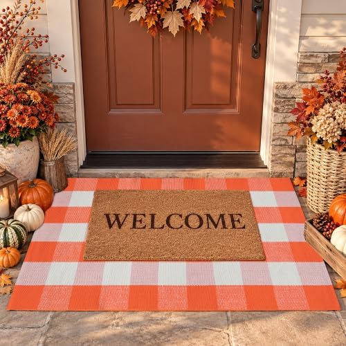 Orange and White Plaid Rug, 3' x 5' Fall Front Door Decor Mat, Cotton Washable Hand-Woven Door Mat for Layered Doormat, Autumn Halloween Thanksgiving Carpet for Porch, Entryway - Image 3