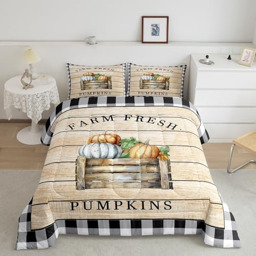 Homewish Geometric Plaid Quilt Set King Size,Rustic Farmhouse Barn Comforter for Men Women Bedroom Decor,Thanks Giving Day Themed Bedding Halloween Style Bedspread 3pcs with 2 Pillowcases by Homewish
