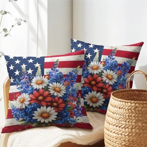 4th of July Patriotic Flower Pillow Covers 12x12 Inches American Flag Independence Day Throw Pillow Case Set of 2 Memorial Day Pillows Cotton Linen Cushion Cover for Home Couch Sofa Livingroom - Image 5