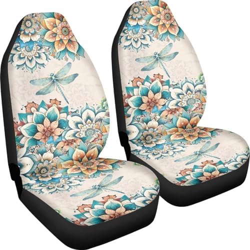 Bohemian Dragonfly Automotive Seat Covers for Cars Truck and SUV，Boho Car Seat Covers for Front Seats,Driver Seats Protection Mat Accessory for Women，Universal Fit Non Slip Auto Seat Set