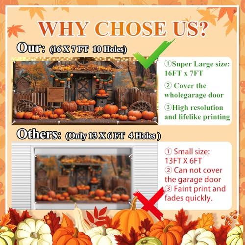 Fall Thanksgiving Decor, Forest Pumpkin Cabin Backdrop - 2 Car Garage Hanging Banner, Autumn Outdoor Holiday Decorations 7x16ft - Image 6