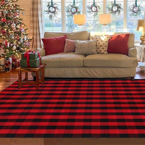Christmas Red and Black Plaid Rug 8x10 ft, Extra Large Cotton Hand-Woven Buffalo Check Area Rug for Living Room, Bedroom, Patio, Christmas Holiday Farmhouse Decor, Washable Outdoor Indoor Carpet - Image 4