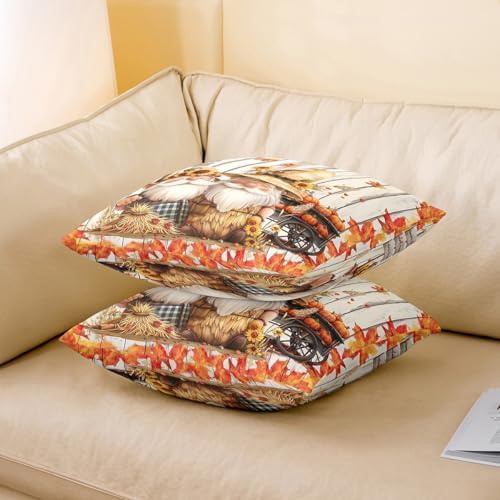Autumn Gnome Double Sides Print Pillow Covers,Thanksgiving Day Rustic Farmhouse Pillowcase 2 Pack Cushion Case 24"x 24",Fall Harvest Orange Maple Leaves Sunflower Throw Pillow Covers - Image 3