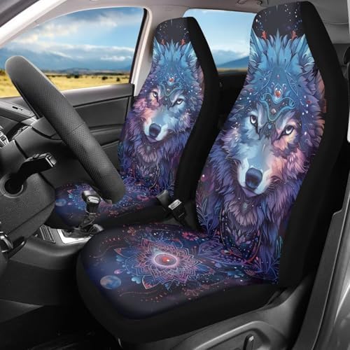 Galaxy Wolf Print Car Seat Covers for Women Men Purple Mandala Flowers Non-Slip Automobile Seat Covers Mats Pads for SUV Truck Van Chairs Front Seat Cushion Car Interior Protection