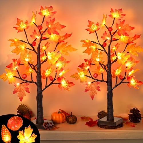 Fall Decor 2 Pack 24 Inch Lighted Maple Tree with 48 LED & Timer, Battery Operated Artificial Autumn Tabletop Tree with Acorns Maple Indoor Fall Decorations for Home, Thanksgiving Table Decor by Grastfu