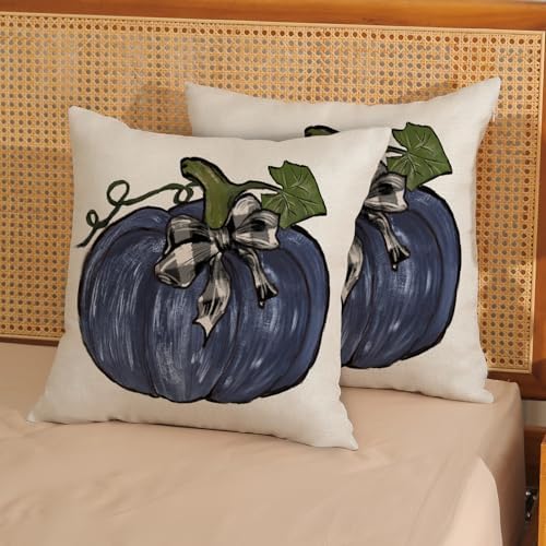 Fall Pillow Covers 18x18 Set of 2 Dark Blue Pumpkin Leaves Fall Decor Pillowcase Autumn Harvest Thanksgiving Decorative Outdoor Throw Pillow Covers Linen Farmhouse Cushion Case for Couch Home - Image 2