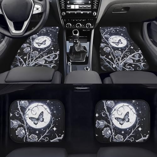 Butterfly Car Floor Mats 4PCS, Silvery Thron Rose Rubber Non-Slip Front and Rear Floor Mats, Gothic Starry Night Moon All Weather Heel Pad Universal Fit SUV Van Truck