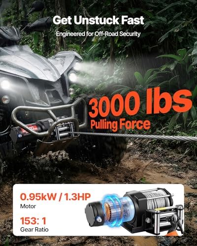 VEVOR 3000 lbs Electric Winch, 12V DC ATV/UTV Winch with Φ3/16 in x 39.4 ft Steel Wire Rope & Wired Remote Control, IP55 Waterproof, Aluminum Housing Fairlead Mount Plate for Towing ATV, Black - Image 2