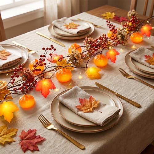 Fall String Lights - 8.5Ft LED Maple Leaf Pumpkin Lights String, 3D Leaves Pumpkin String Lights Plug in for Indoor Outdoor Thanksgiving Decorations & Fall Decorations for Home Porch Mantel, 0.07W - Image 3