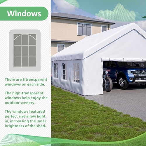 YOPTO 20x20 FT Carport Canopy Heavy Duty,Portable Garage W/Detachable Sidewalls & Mesh Windows,Car Canopy Tent W/ 2 Roll-Up Double-Zipper Doors,Outdoor Car Shed for Truck,Boat,Vehicle,White - Image 6