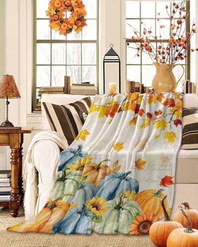 DecorLovee Fall Thanksgiving Blanket 50"x60", Reversible Blue Green Yellow Throw Blanket for Couch/Bed, Pumpkins Maple Leaf Lightweight Soft Throw Blankets for Women, Warm Fuzzy Blankets for Winter - Image 2