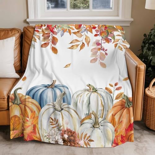 DecorLovee Orange Blue Thanksgiving Fall Blanket 50"x80", Reversible Pumpkins Throw Blanket for Couch/Bed, Autumn Botanical Lightweight Soft Throw Blankets for Adult, Warm Fuzzy Blankets for Winter - Image 5