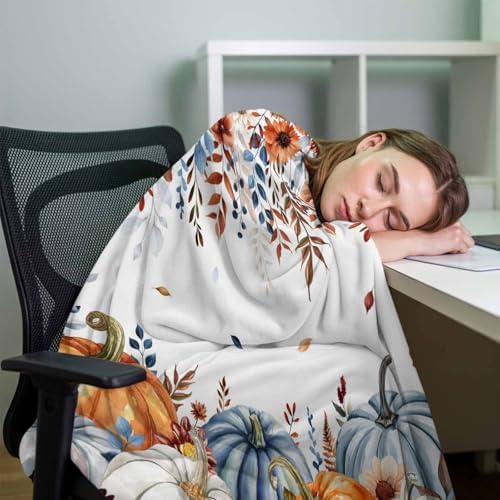 DecorLovee Orange Blue Pumpkins Fall Blanket 50"x80", Reversible Thanksgiving Throw Blanket for Couch/Bed, Floral Botanical Lightweight Soft Throw Blankets for Adult, Warm Fuzzy Blankets for Winter - Image 7