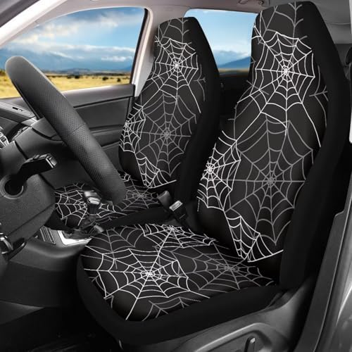 Black Spider Web Car Seat Covers for Front Seats,Halloween Decor for Cars Universal Fit Automotive Seat Cushion Protector Accessory