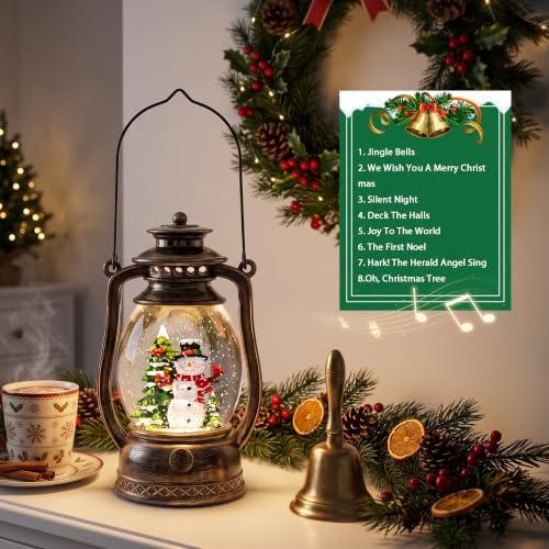 Christmas Snow Globe Lantern with LED Lighted Water Glitter, Hanging Kerosene Style Snowman Scene, Vintage Bronze Tabletop Holiday Decoration Gifts - Image 4