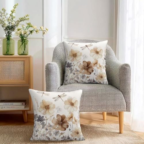 KiuLoam Rustic Floral Pillow Covers 20x20 Inch Set of 2, Gray Brown Watercolor Flower Farmhouse Decorative Throw Pillows, Neutral Outdoor Square Cushion Cases for Sofa Couch Bed Home Decor - Image 3