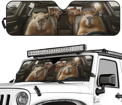 Renewold Funny Capybara Driving Car Windshield Sun Shade for Jeep Wrangler Foldable Block UV Sunlight Heat Sun Visor Interior Accessories Auto Sunshade for Jeep Gladiator JT Keep Vehicle Cool Shield