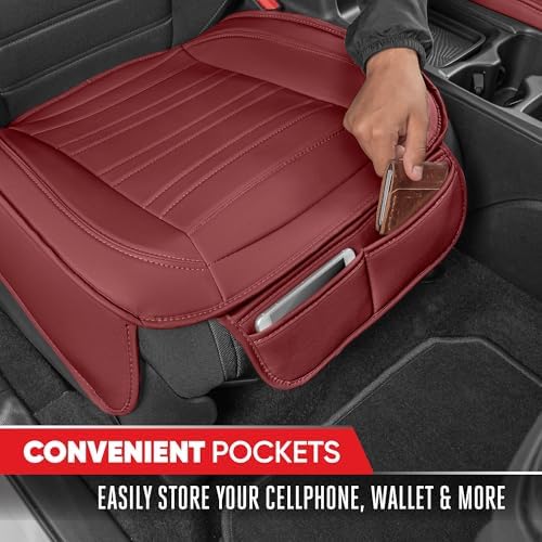 Motor Trend Faux Leather Front Seat Cover for Cars - (1) Burgundy Front Car Seat Covers for SUV & Truck with Storage Pockets - Automotive Car Seats Cover Protector - for Bottom Cushion Coverage Only