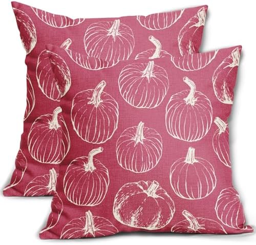 Drak Pink Fall Pumpkin Pillow Covers 24x24 Set of 2 Autumn Themed Thanksgiving Cream Print Decorative Throw Pillows Outdoor PillowCase Farmhouse Linen Cushion Case Decor for Home Sofa Couch Bed by Aytipun