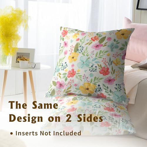 Sweetshow Spring Watercolor Flowers Throw Pillow Covers 22X22 Inches Set of 2 Colorful Floral Green Leaves Pillowcase Soft Cotton Square Seasonal Cushion Covers for Living Room Sofa Bedroom Decor - Image 5