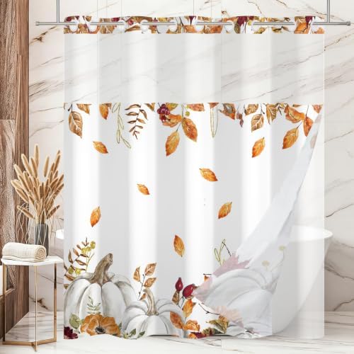 No Hook Shower Curtain with Snap in Liner, Hotel Style Watercolor Fall Autumn Pumpkins with Gold Branches Thanksgiving Shower Curtain Waterpoof Washable with See Through Top Window,71"x71" - Image 2
