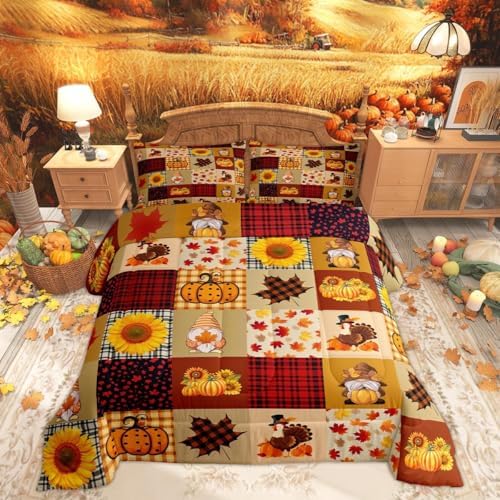 Vintage Fall Comforter Set Queen Size Pumpkin Maple Leaf Sunflower Bedding Set Kids Girls Rustic Farm Plants Quilt Set Teens Women Thanksgiving Turkey Gnome Duvet Insert 3Pcs Yellow Red Plaid by Homewish