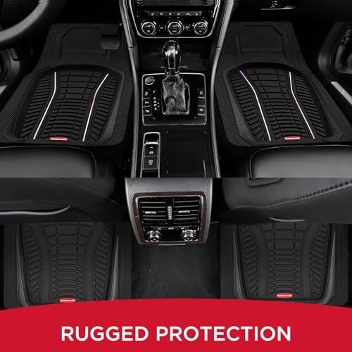 Rubbermaid Car Floor Mats Full Set – Premium All-Weather Car Mat with Brushed Aluminum Inserts, Universal Trim-to-Fit Design, Anti-Slip Backing for Cars, SUVs, Trucks, and Vans