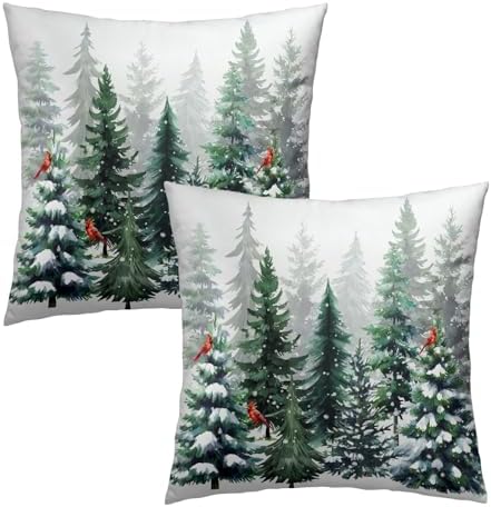 Winter Watercolor Snowflake Throw Pillow Covers 16X16 Inches Set of 2 Green Pine Tree Forest Red Bird Pillowcase Soft Cotton Square Cushion Covers for Home Sofa Bedroom Decoration by Sweetshow