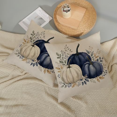 Fall Pillow Covers 18x18 Set of 2 Blue White Pumpkin Eucalyptus Leaves Pillow Covers Autumn Decorative Ourdoor Pillow Cases Thanksgiving Harvest Farmhouse Linen Cushion Cover for Couch Decor - Image 6