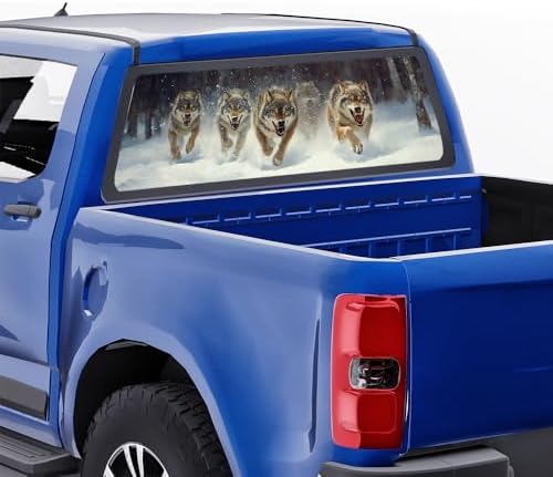 Watercolor Running Wolf Rear Window Decals for Trucks, Nature Animal Forest Snow Rustic Window Decal Back Window Tint Graphic Perforated Vinyl Pickup Truck Stickers 66 x 22 inch