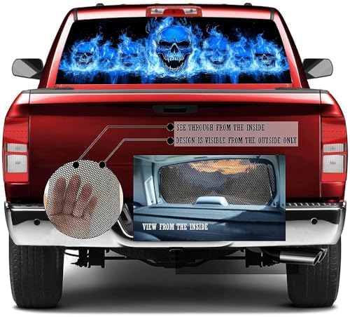 Abstract Flame Skull Truck Rear Window Graphic Decals, Blue Light Gothic Style Pickup Car Window Stickers Truck Back Window Film Decal for Trucks SUV 66 x 22 inch