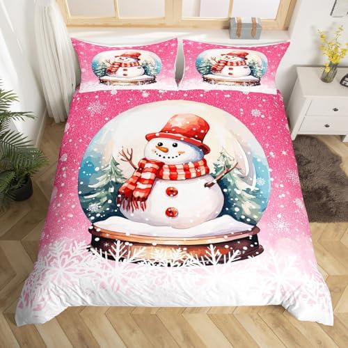 Cute Snowman Kids Duvet Cover Set Queen Size,Merry Christmas Happy New Year Bedding Set,Girls Boys Adults Room Decor,Snowflake Pine Trees Xmas Comforter Cover,Pink Romantic Quilt Cover,2 Pillowcases by Manfei