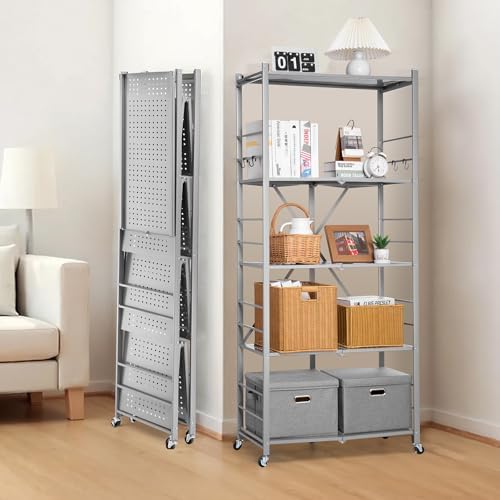 VEVOR 5-Tier Foldable Storage Shelf, 32W x 14D x 72H Inch Folding Metal Rack Shelving Unit, Heavy Duty No Assembly Organizer Shelf with 5 Wheels & 4 Hooks for Pantry, Kitchen, Garage, Basement, Grey - Image 2